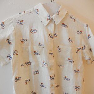 Rae Dunn Bicycle Print Button Down Blouse New Without Tags